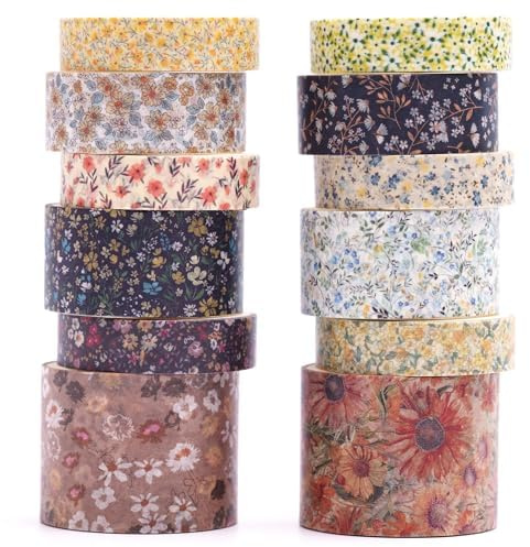 KAVI' S 12 rouleaux Washi Tape Set, Ruban Adhésif Décoratif Œuvre d’art inspirée Feuille d’or Masking Tapes pour Arts, Bullet Journal, Scrapbooking, Bricolage, Emballage (Earth Dye)