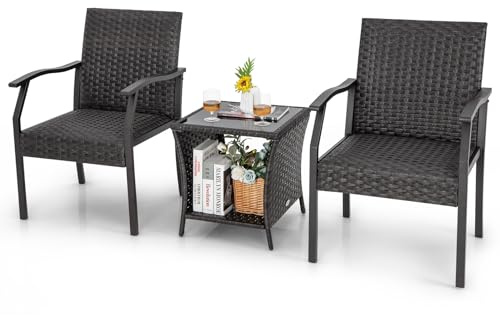 RELAX4LIFE 3 PCS Rattan Garden Furniture Set, Outdoor Bistro Set with 2 Tier Tempered Glass Table & Padded Seat, Wicker Patio Conservatory Table and Chairs Set for Porch Yard Balcony