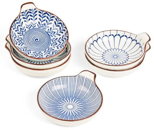 ChasBete Cuencos aperitivos ceramica juego de 6, cuencos para salsas, bol para salsa soja con asa, salsas platos aperitivos, azul, 11x2,5cm