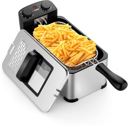 KOTEK Deep Fryer with Basket, 3.2QT/12-Cup Stainless Steel Electric Fryer w/Temperature Control, 60 Min Timer, Lid w/Viewable Window, 1700W Small Deep Fat Fryer for Home, Kitchen, Restaurant (3.2QT)
