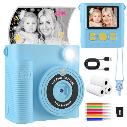 CKATE Kinderkamera Sofortbildkamera, 2.4 Zoll Bildschirm Kinder Kamera mit 2 Shutters, 32G SD Karte & Druckpapier, 1080P Sofortbildkamera Kinder, Geschenke für Mädchen und Jungen 3-12 Jahre - Blau