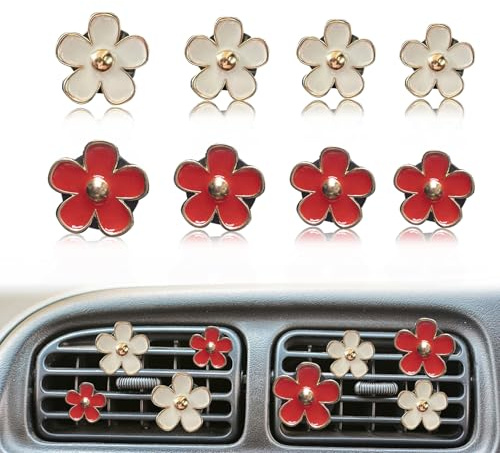 Daisy Flower Air Vent Clip, 8 PCS Car Air Fresheners Vent Clips, Cute Flower Air Conditioning Outlet Clip, Car Interior Decor Charm Red Accessories for Girls Women