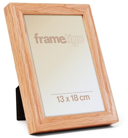 Frametigo - Solid Oak Natural Wooden Photo Frame, 5x7 (13x18cm) | Landscape or Portrait Orientation, Velvet Backing and Stand, Double Spline Joint, Polished Edge Real Glass