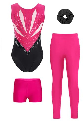 inhzoy Gymnastikdräkt för flickor, kort och lång ärmlöst färgblock, tröja, leggings, shorts och hårsnoddsset, gymnastik, danskläder, Het rosa, 134-140