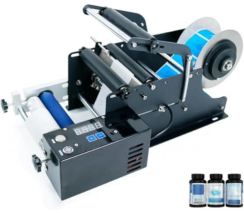 Elektrisk etiketteringsmaskin för rund flaska, halvautomatisk etiketteringsmaskin för rund flaska, justerbar etikettapplikator för φ20-80MM cylinderglasflaska, applikator 20-40 st/min