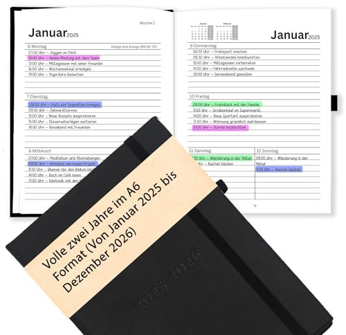 DIN A6 Terminplaner Jan 2025 – Dez 2026 2-Jahres-Kalender auf Deutsch, Terminkalender Wochen-Planer, Agenda & Organizer, Wochenkalender Buchkalender mit Kunstleder-Hardcover & 120 g/m² Papier