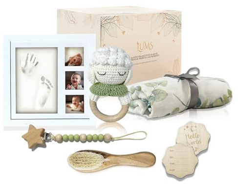 LUMS Canastilla Bebé Recién Nacido | Set Regalo 6 Piezas: Marco Huellas, Manta Bambú, Sonajero, Peine, Tarjeta Madera, Portachupetes y Caja Regalo – Cesta Bebé Unisex para Baby Shower, Nacimiento
