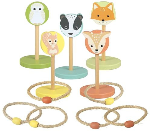 Woodland Animals Hoopla Game, 5 Numbered Poles with Animal Characters, Indoor Outdoor Family Game with 6 Rope Hoops