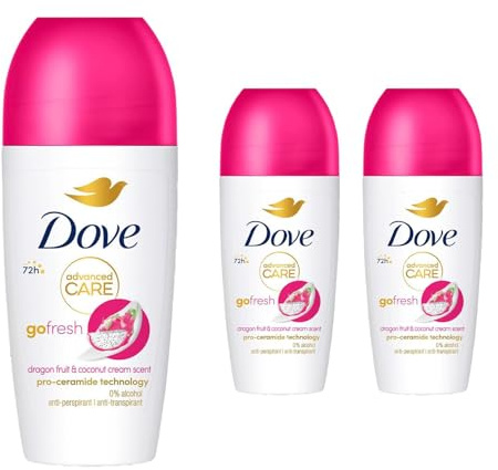 Dove Advanced Care Go Fresh Anti-Perspirant Roll On Dragon Fruit & Coconut Cream Women's Deodorant, Pack of 3, 72 Hours Sweat Protection Pro-Ceramide Technology, 50ml