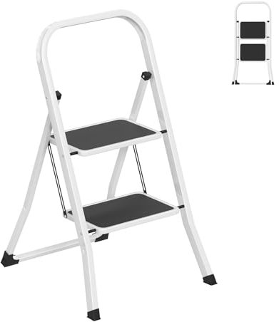 YRHome Escabeau à 2 marches avec main courante - Échelle pliante - Stable, extra large, facile à plier - Charge maximale : 150 kg - Pour la maison et le bureau (noir/blanc)