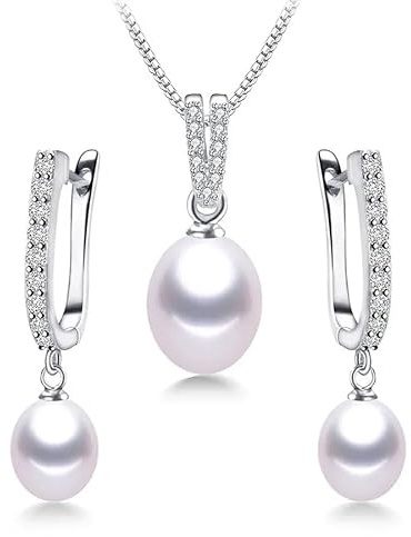 Hemasa Set di gioielli in argento Sterling con orecchini e collane di perle d'acqua dolce di riso da 8-9 mm per donna, Regolabile, Acciaio inossidabile, Agata