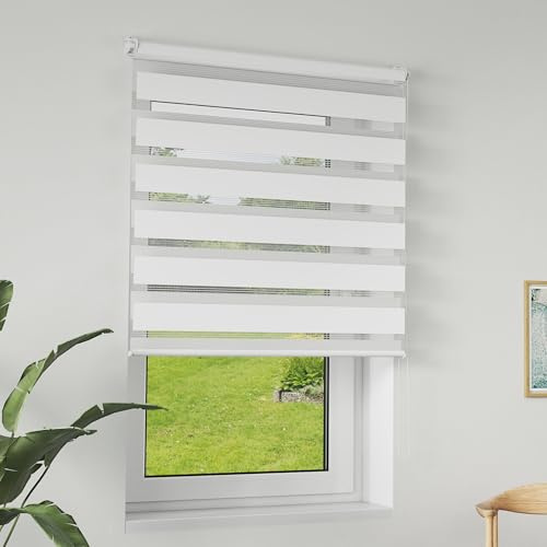 LILIIN Doppia tenda a rullo con fissaggio a morsetto, senza fori, oscurante, per finestre e porte, per soggiorno, cucina, ufficio, traslucida e oscurante, bianco, 100 x 220 cm