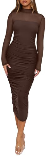 REORIA Women's Fall Mesh Sheer Long Sleeve Midi Ruched Bodycon Dress Sexy Slim Mock Neck Elegant Club Evening Party Cocktail Dresses Chocolate Large