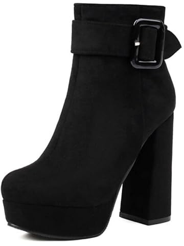 Hykytyhk Stivaletti da donna con tacco e plateau e fibbia, tacco alto, cerniera laterale, stivaletti corti, nero, 37.5 EU