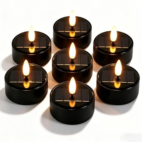 GAOUTO 6 velas solares de té: velas LED parpadeantes, velas LED para exteriores, resistentes al agua, velas solares sin llama, para decoración de jardín y terraza, color negro