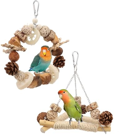Hypeety Bird Swing for Cage Sisal-Wrapped Natural Wooden Perch Bird Foraging Round Swing Toys Parrot Stable Triangle Hanging Balance Training Toys for Lovebirds Cockatiels Budgies and Small Birds