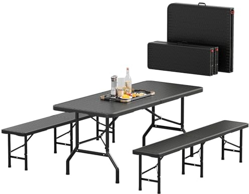 JUMMICO Bierzeltgarnitur Klappbar 3er Set Tisch & 2X Bank,Rattanoptik Biertischgarnitur 180x74x74cm Festzeltgarnitur Biergarten Biergarnitur für Garten, Party und Camping