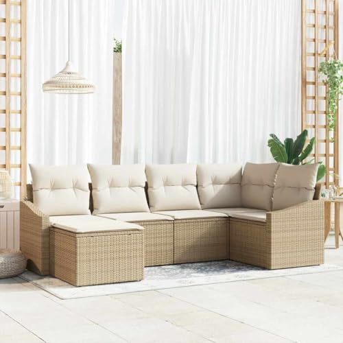 Runheo Ensemble mobilier Salon Jardin 6 pièces en Rattan synthétique Beige et crème avec Coussins modulable, Banquette Angle Convertible pour terrasse, Balcon et Patio détente extérieur