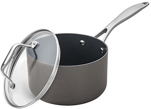 Amazon Basics Mini Sauce Pan With Lid, 1.9 Quarts, Hard-Anodized Non-Stick Aluminum, Gray