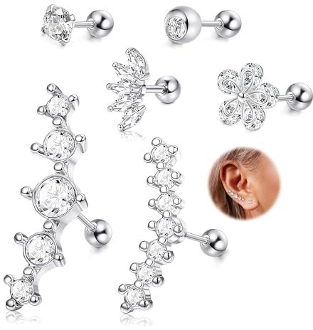 CASSIECA 6 Stück Cartilage Tragus Helix Ohrringe Piercing für Frauen Chirurgischer Ohrknorpel Ohrringe Damen Tragus Helix Ohrring Silber Gold Tragus Helix Piercing Schmuck