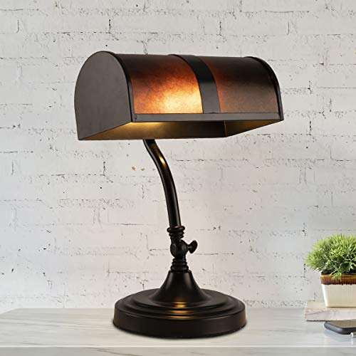 Banker's Lamp - Mission-Style LED Table or Desk Light with Amber Mica Shade and Bulb - Classic Vintage-Look Accent Decor by Lavish Home (Black)