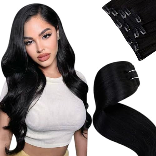 LaaVoo Clip in Extensions Echthaar Schwarz Clip in Haarverlängerung Echthaar 35cm Echthaar Extensions Clip Remy 5Stück 70g #1