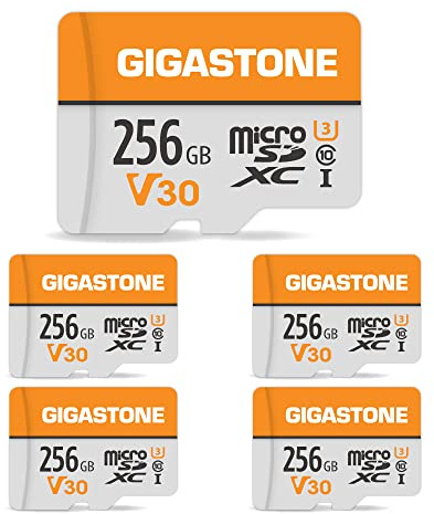 Gigastone 256 GB 5-pack Micro SD-kort, 4K Video Pro, GoPro, övervakning, säkerhetskamera, actionkamera, drönare, 100 MB/s MicoSDXC-minneskort UHS-I V30 klass 10