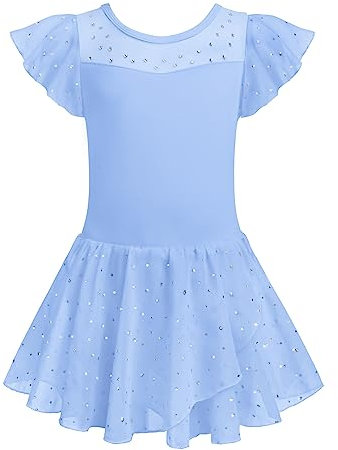 Arshiner Ballettkleidung Mädchen Gerüschte Kurze Ärmel Ballettkleid Tanzkleid Kinder Masche Ballettanzug Ballett Trikot Ballerina Kleid Balletttrikot Ballerina kostüm mit Rock Tütü Blau 150
