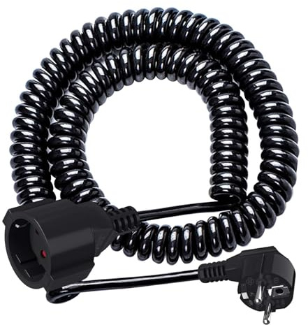Schuko-spiralförlängning med 1 Schuko-uttag, skyddskontakt, 3 m, utdragbar spiralkabel från 0,9 m till max 3 m, 230 V - 16 A - IP20 - svart