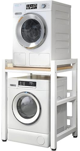 Waschtrocknerständer mit Ablage,höhenverstellbare Lagerregaleinheit über der Waschmaschinenschrank für Frontlader-Waschmaschinen und Wäschetrockner – 400 kg Tragfähigkeit(Weißer Rahmen + gelbe)