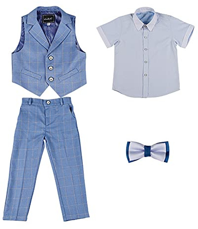 Completi Estivi per Bambini e Ragazzi, Abito da Cerimonia Elegante da Ragazzo 4 Pezzi Camicia+Papillon+Gilet+Pantaloni, Set di Abbigliamento Bambino per Il Tempo Libero Battesimo Matrimonio13-14 Anni