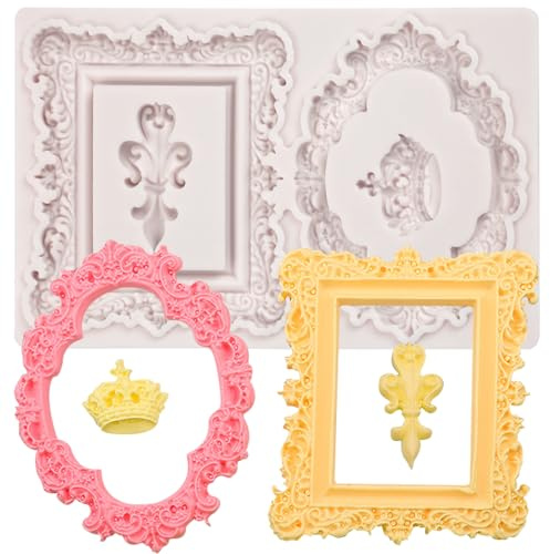 ICOCONG Baroque Mirror Frame Silicone Mold European Vintage Crown Fondant Molds for Anniversary Weddings Bridal Shower Cake Decoration Flower Paste Biscuits Muffins Butter Mousse Dough Clay Plaster