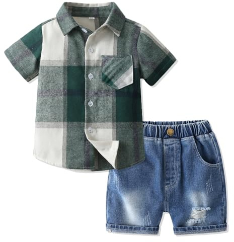 Volunboy Bebis pojke sommarset, pläd kortärmad skjorta + jeans shorts lediga kläder 2 delar, Gröna jeans, 5-6 años