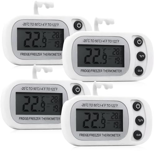 4 Stück Kühlschrankthermometer Digital, -20°C-50°C Thermometer Kühlschrank Digital, Kühlschrankthermometer Innen mit Haken, Kühlschrank Thermostat für Gefrierschrank Kühlschrank Kühltruhe (Weiß)