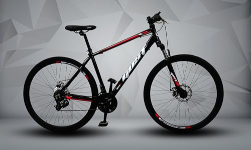 21-Speed Hybrid City Bike with Mountain Bike Styling, Front Suspension, and Disc Brakes - Durable Alloy Frame, Black/Red