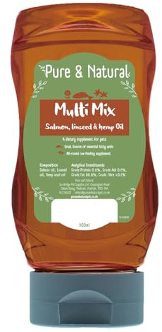Pure & Natural Multi Mix Salmon, Linseed, Hemp Oil for Dogs & Cats, 300ml - Flaxseed, Hemp Seed, Salmon Oil for Cats and Dogs, Dog Food Topper, and Cat Joint Supplement