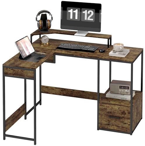 HOMCOM L Shaped Desk, Industrial Computer Desk with Liftable Desktop, Drawer for A4/Letter Size and Monitor Stand for Home Office, Rustic Brown