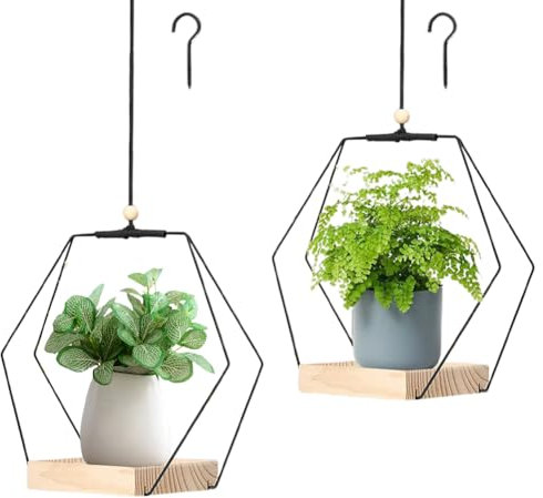Gohytal 2 fioriere sospese per interni con base in legno e anello in metallo, moderno boho vaso da appendere per piante, con gancio per appendere piante di piccole e medie dimensioni per pareti e