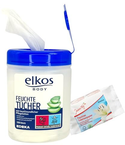 Elkos Body Feuchtetücher mit hautfreundlicher Pflegelotion (Aloe Vera) - 150 Stück (1er Pack) + Gratis Jeden Tag feuchtes Toilettenpapier Sensitiv 70 Blatt