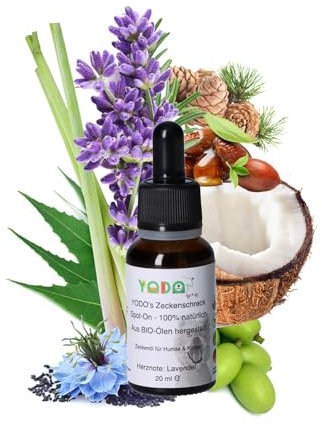 YODO’s Zeckenschreck, Protección contra garrapatas 100% Natural, Aceite antigarrapatas para Perros y Gatos a Base de 7 aceites orgánicos, 500 Gotas 20ml Botella pipeta, Lavanda