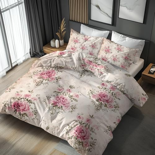 Generico Copripiumino Floreale Matrimoniale Fiori, Set di Biancheria da Letto in Microfibra 3 Pezzi, Parure Copri Piumino 240x220 e 2 Federe 50x80 con Cerniera HAMN05