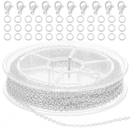Wanmu 9.8ft Stainless Steel Chain for Jewelry Making, Silver Necklace Making Kit, 1.5MM Link Chains Roll with 10 Lobster Clasps and 30 Jump Rings for Men, Women Bracelet Earring Craft DIY Supplies