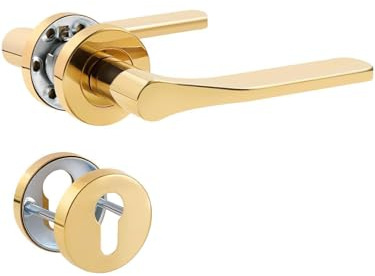 SORWDUERM Maniglia per porta in acciaio inox spazzolato opaco dorato, set maniglia per porta anteriore e porta interna, forma L, profilo PZ, cilindro, rosetta tonda