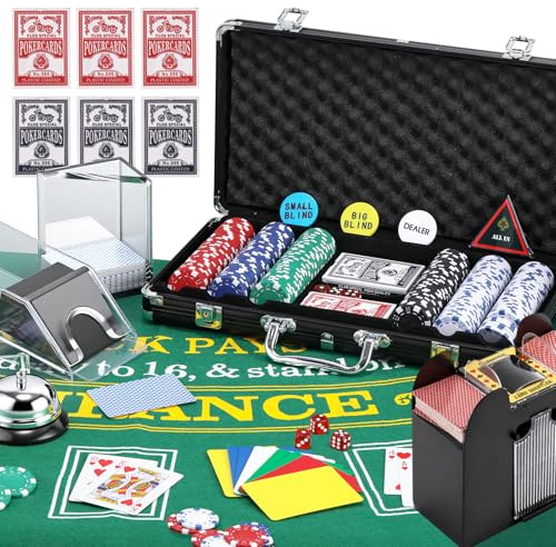 NEWTRY Blackjack Set, Complete Black Jack Set with Card Shuffler, 300pcs Chips, Poker Mat, Card Shoe, Chip Rake, Discard Tray, 8 Playing Cards, Bell, Dice, Cut Cards and 4 Buttons for Party Game Night