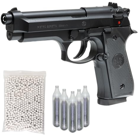 Pistola Softair Humarex 92 Co2, Bundle Completo: Pistola a Pallini, 5 bombolette Co2, 1000 Pallini 6mm - Airsoft, Pistole Softair, colore nero, potenza 0,9 joule (BUNDLE COMPLETO)