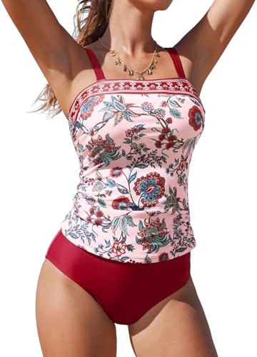 CUPSHE Conjunto de tankini de dos piezas para mujer, cuello cuadrado, tirantes ajustables, trajes de baño fruncidos