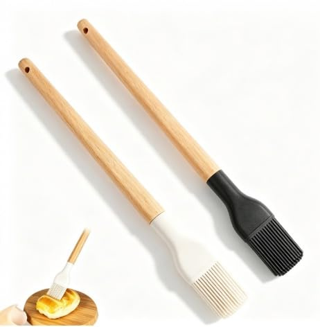 Juego de 2 pinceles de silicona para cocina, pincel de cocina y pincel para hornear con mango de bambú, 27 cm de largo, resistente al calor hasta 200 °C, ideal para hornear, asar y asar, hornear