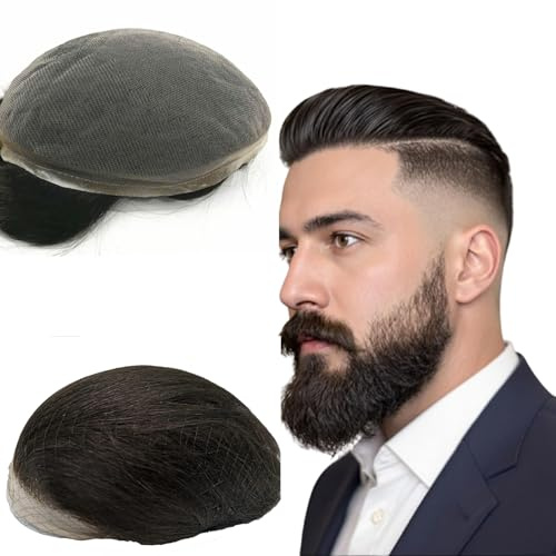 NLW Full Lace Mens Toupee, Swiss Lace Base European Straight Human Hair Replacement System, Hair Unit for Men Base 10x8 #1B Natural Black