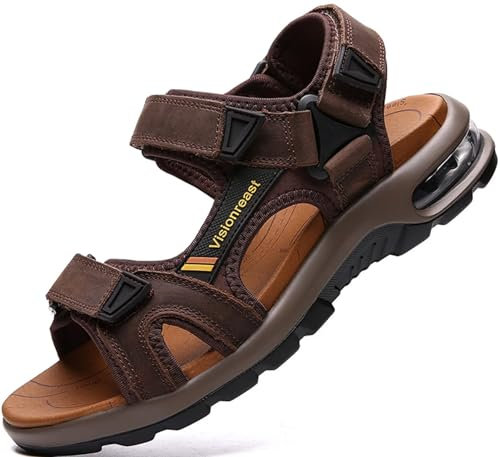 visionreast Herren Outdoor Sports Sandalen Trekking Leichte Leder Strand Wandersandalen Männer Sommer Klettverschluss Offroad Sandale Schuhe Waterproof, Dunkelbraun1, 42 EU