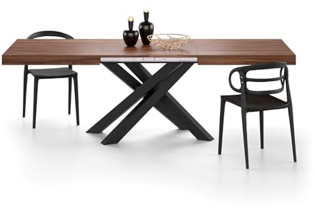 MOBILI FIVER, Table Extensible Emma 160(240) x90 cm, Noyer avec Pieds Croisés Noirs, pour 6-10 Personnes, Table Extensible pour Cuisine, Salon, Made in Italy